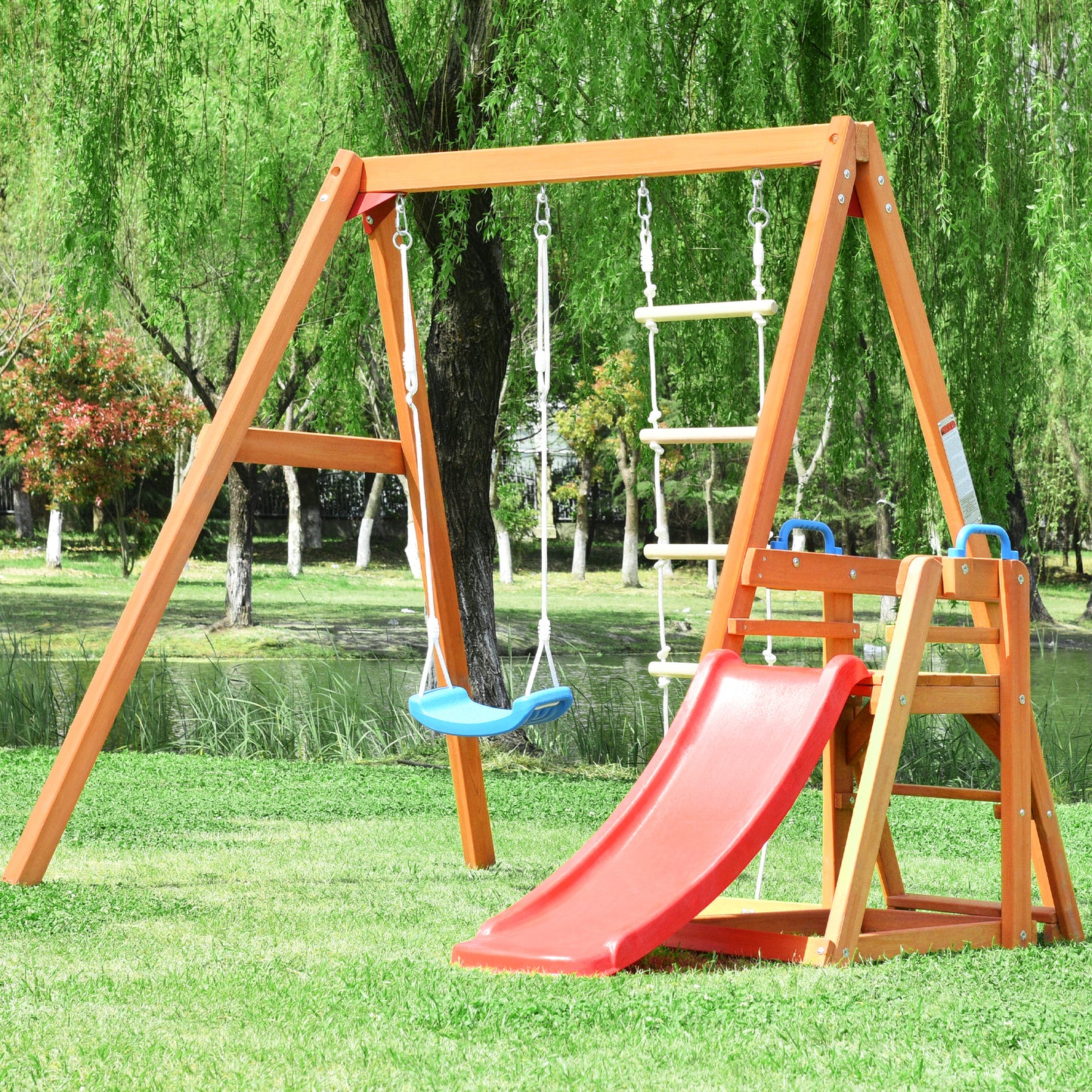 Wooden Outdoor Swing Set with Slide, Climbing Rope Ladder, and Swing for Kids