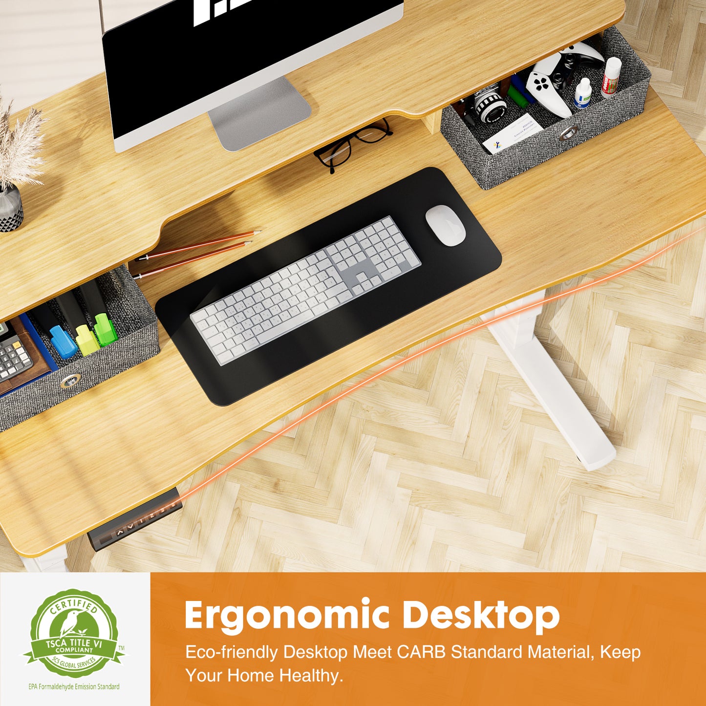 Height-Adjustable Electric Standing Desk with Storage Shelves and Double Drawers for Home Office