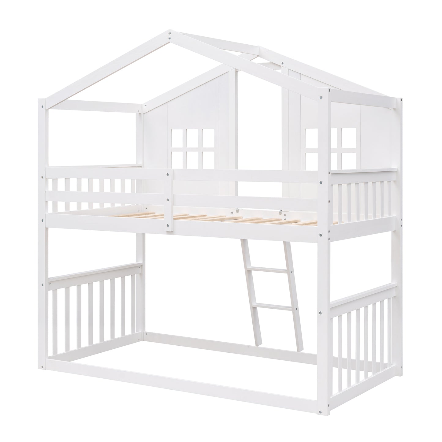 White Wood House Bunk Bed with Skylight - Twin Over Twin