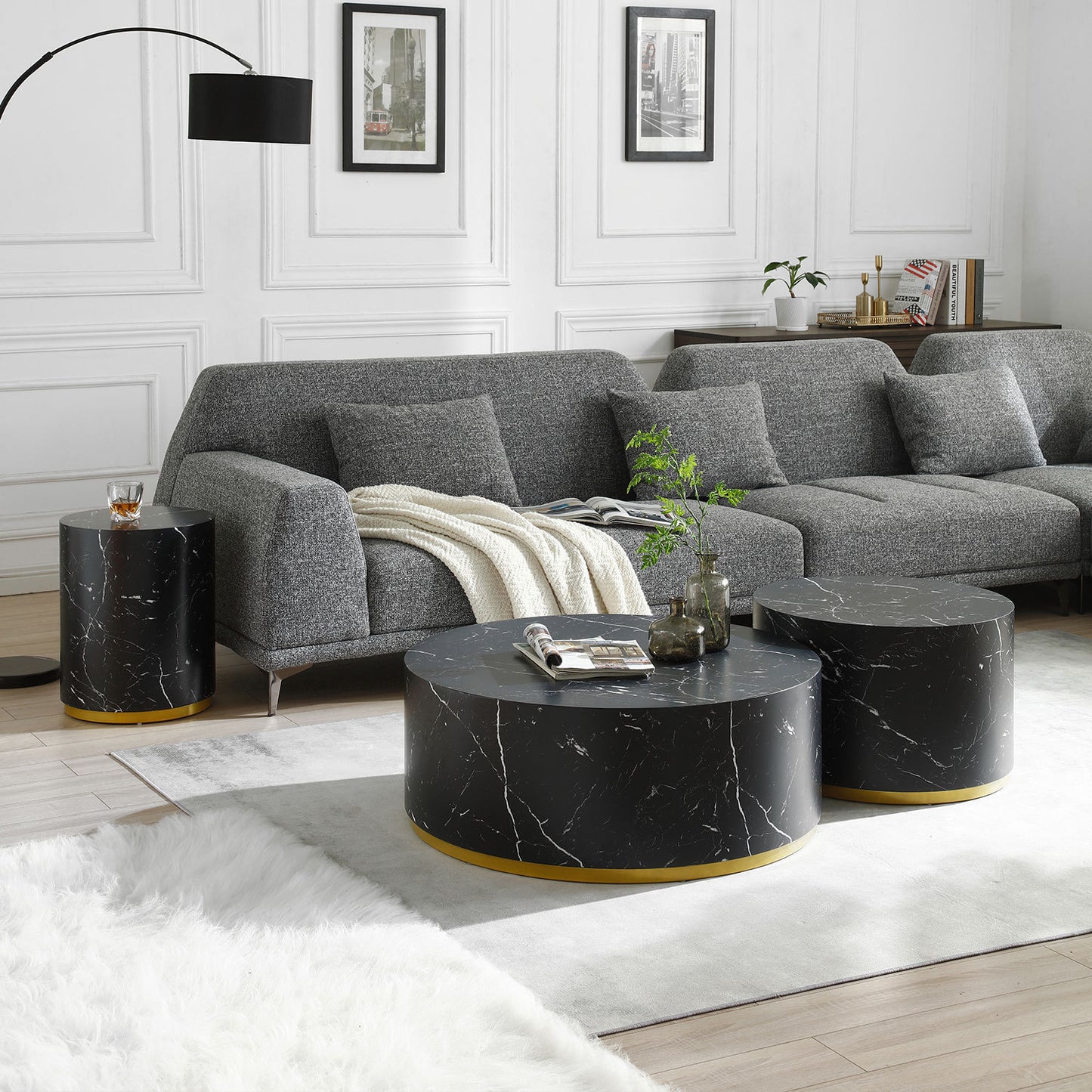 Contemporary Black Marble Pattern 3-Piece Round Coffee Table Set for Stylish Living Rooms