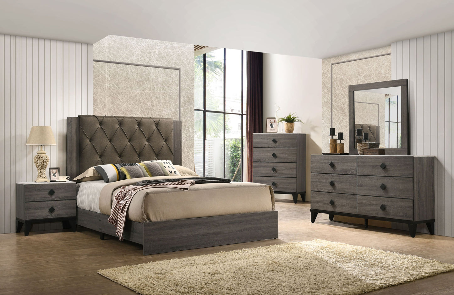 Avantika Queen Bed, Fabric & Rustic Gray Oak 27680Q