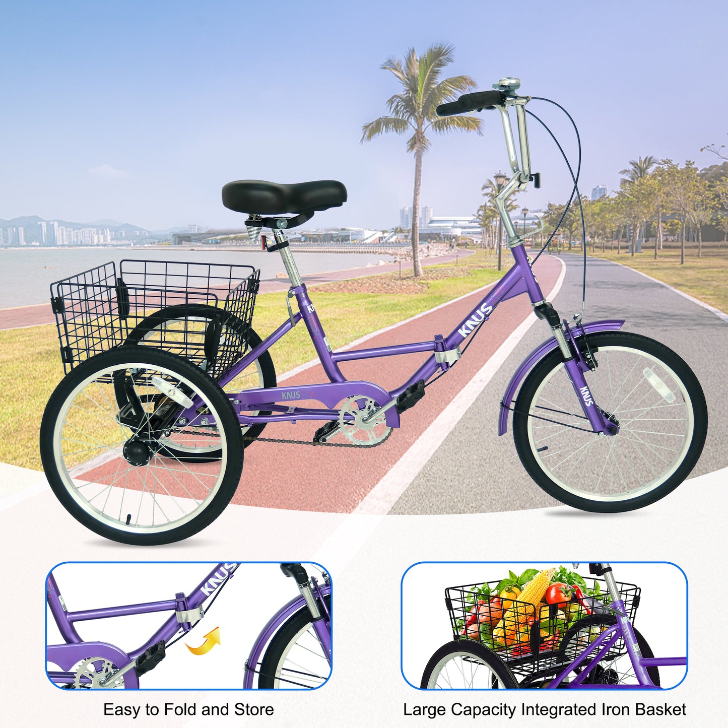 Adult Folding Tricycles 3 Wheel W/Installation Tools with Low Step-Through, Large Basket, Foldable Tricycle for Adults, Women, Men