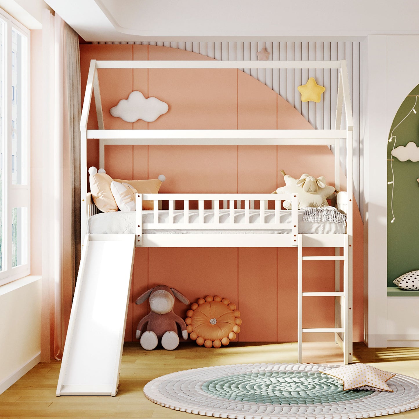 Twin Loft Bed with Slide, House Bed with Slide,White( :LT000212AAK)