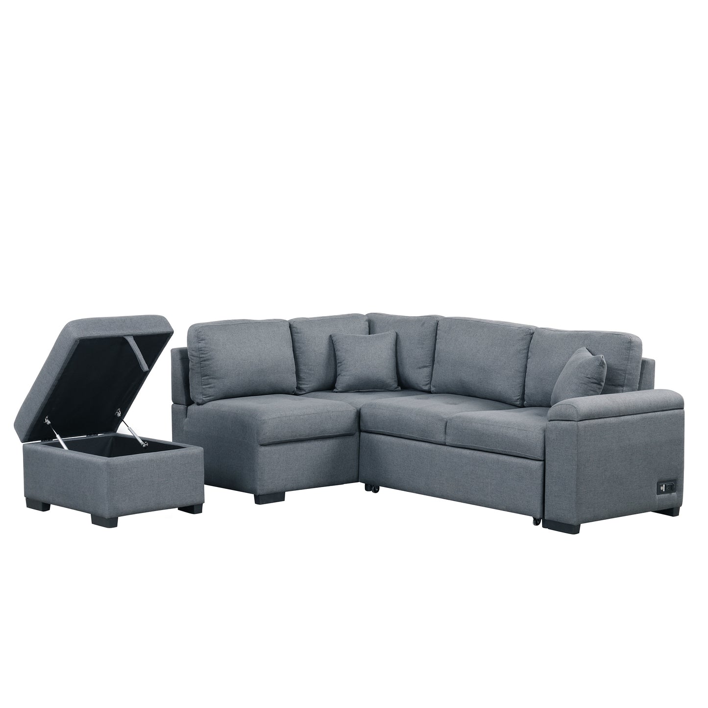 L-Shaped Sleeper Sectional Sofa with Ottoman and USB Charge, Dark Gray