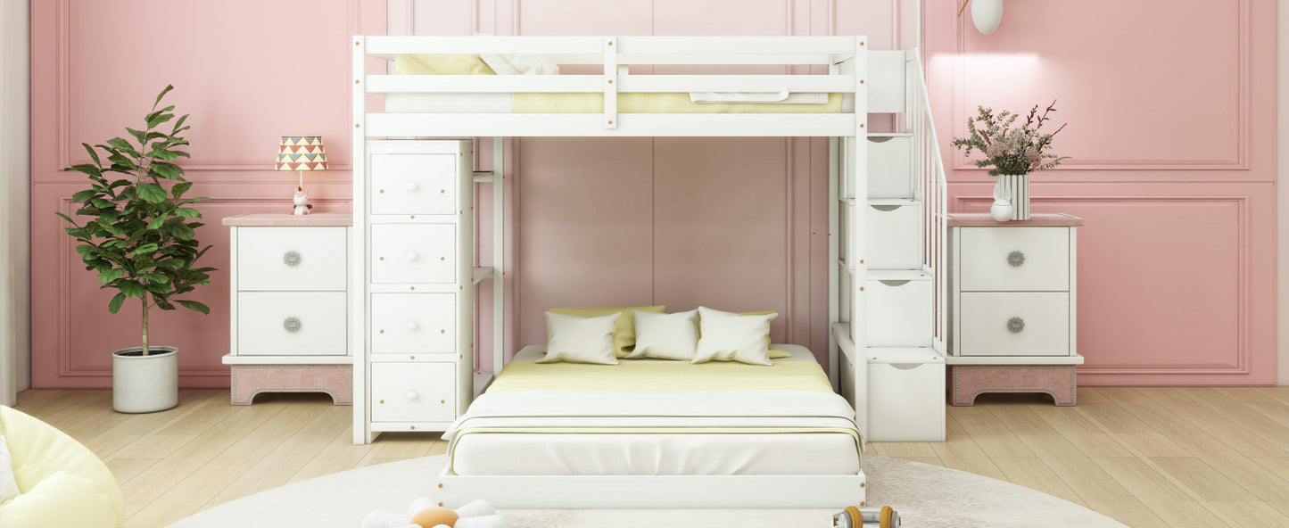 White Twin Over Full Bunk Bed with Storage Stairs & Drawers for Space-Saving Solution