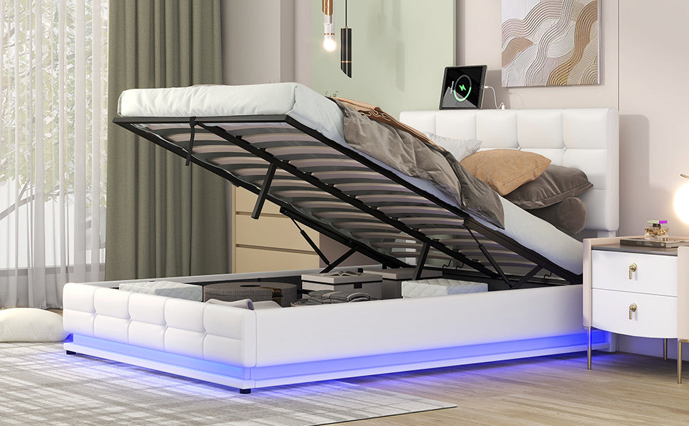 Full Size Tufted Upholstered Platform Bed with Hydraulic Storage System,PU Storage Bed with LED Lights and USB charger, White(Expected Arrival Time: 5.15,AT)