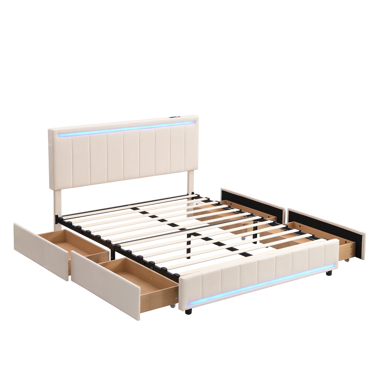 Queen Size Upholstered Bed with LED Light and 4 Drawers,  Modern Platform Bed with a set of Sockets and USB Ports, Linen Fabric, Beige