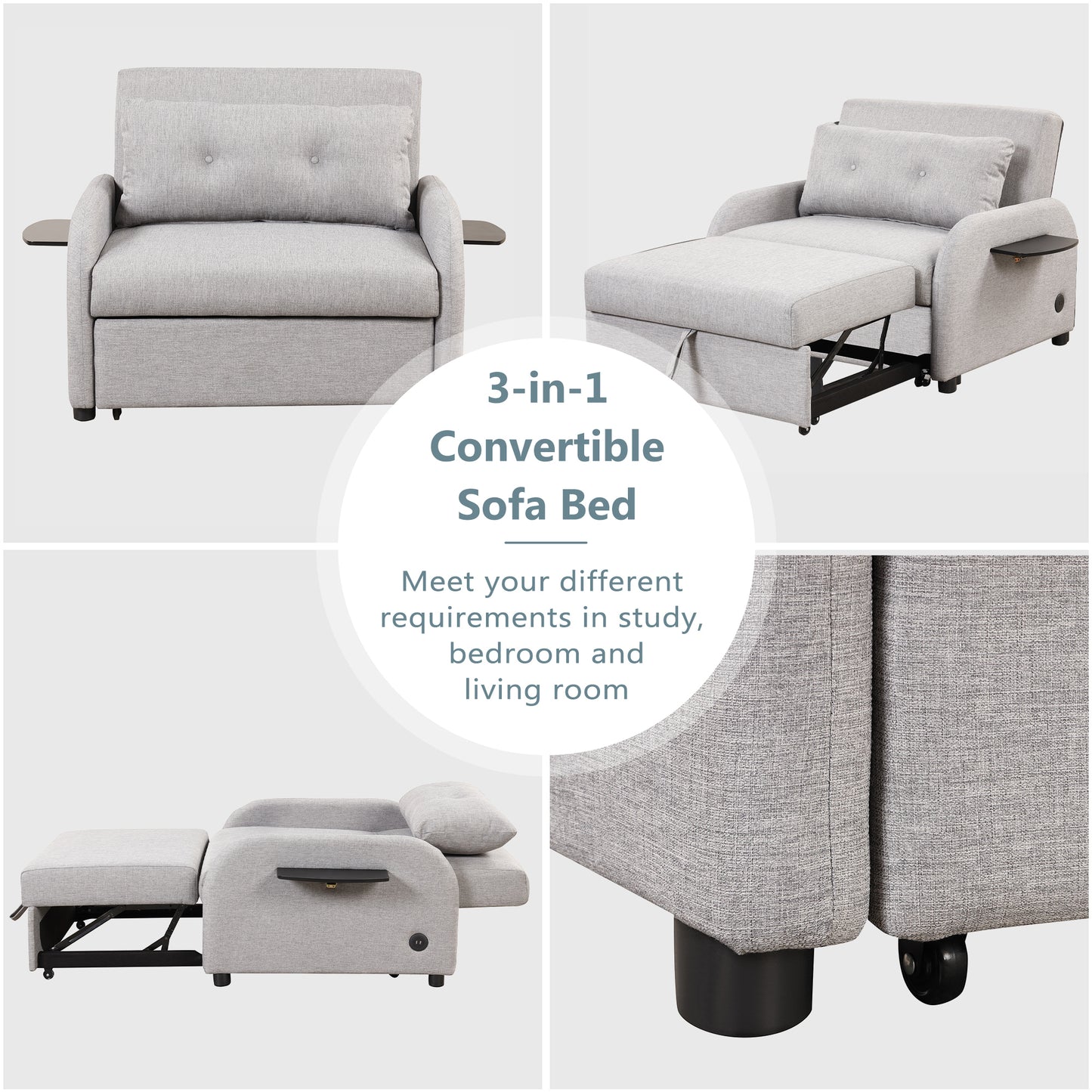 pull out sofa sleeper 3 in 1 with 2 wing table and usb charge for nap line fabric for living room recreation room grey