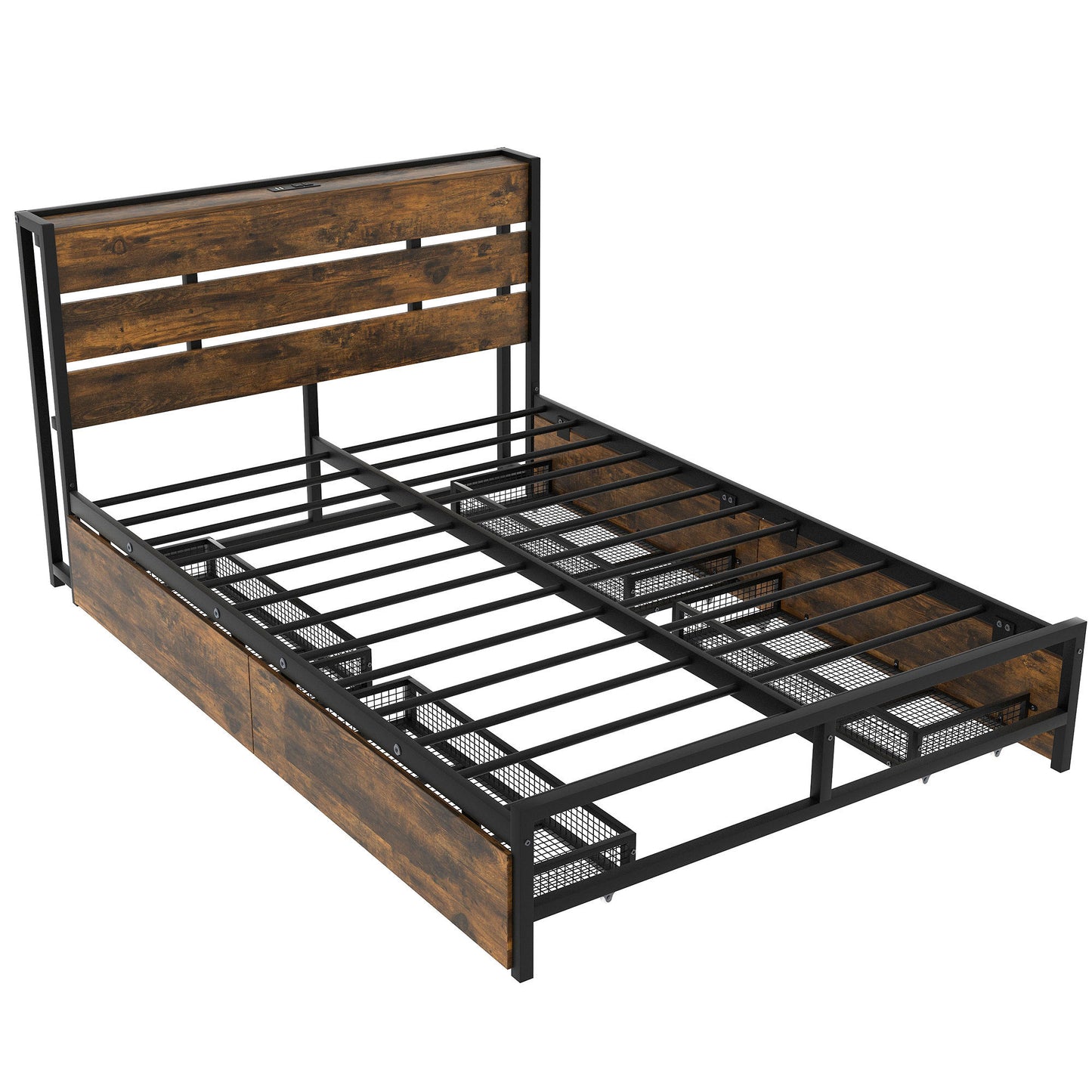 Metal Platform Bed With Four drawers, Sockets and USB Ports, Full, Black