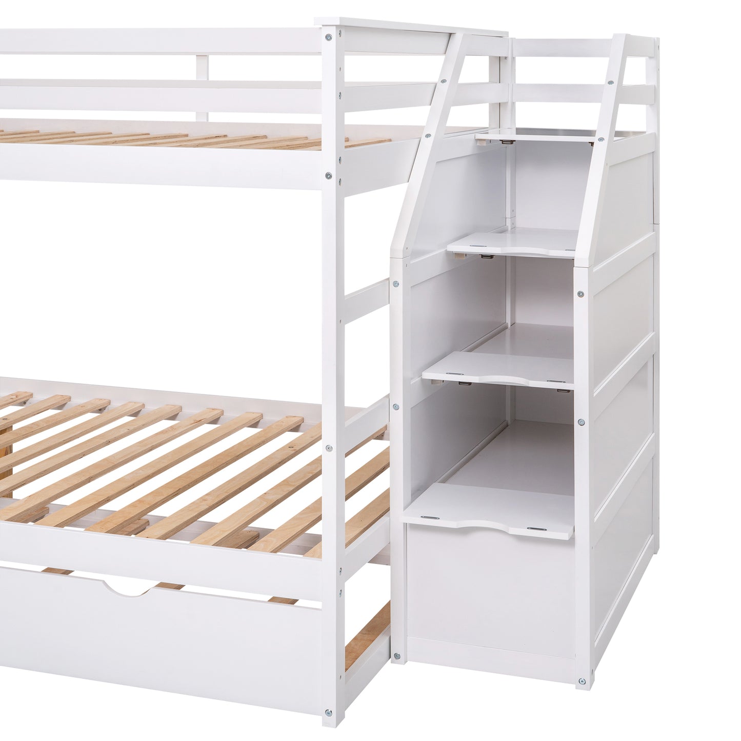 Elegant Full Bunk Bed with Trundle and Storage Stairs, White