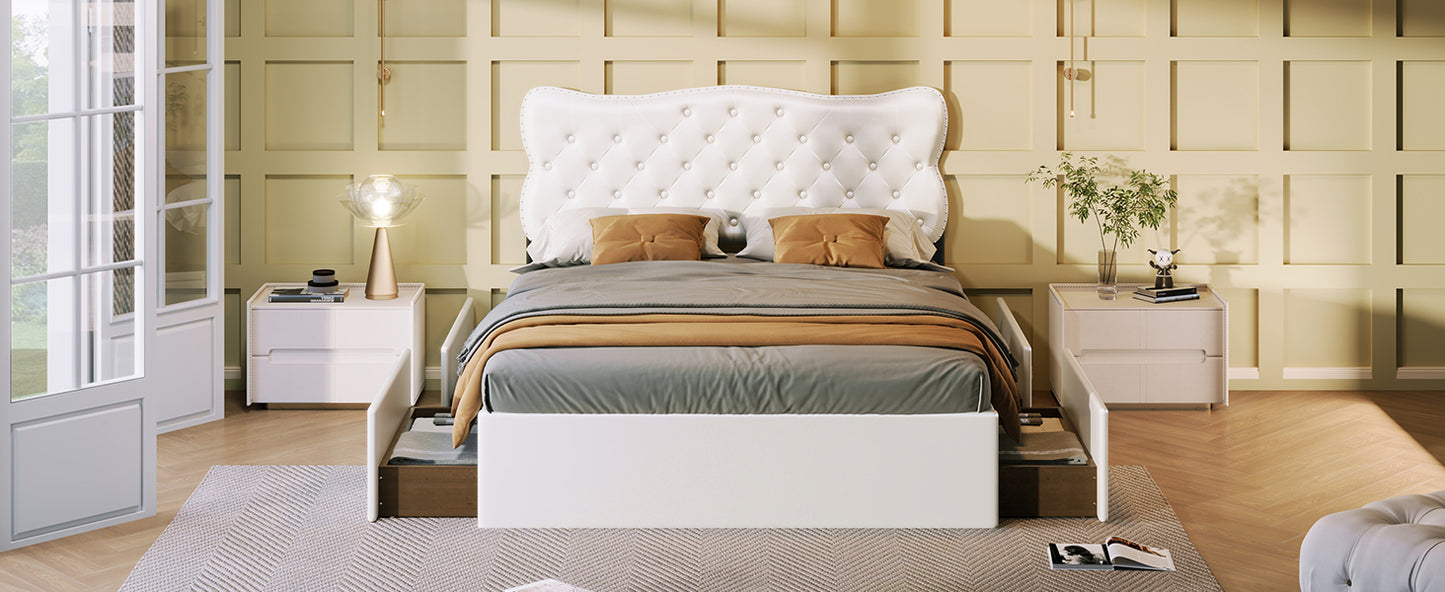 Full Size Bed Frame with 4 Storage Drawers,Leather Upholstered Platform Heavy Duty Bed,Wood Slat Support,White