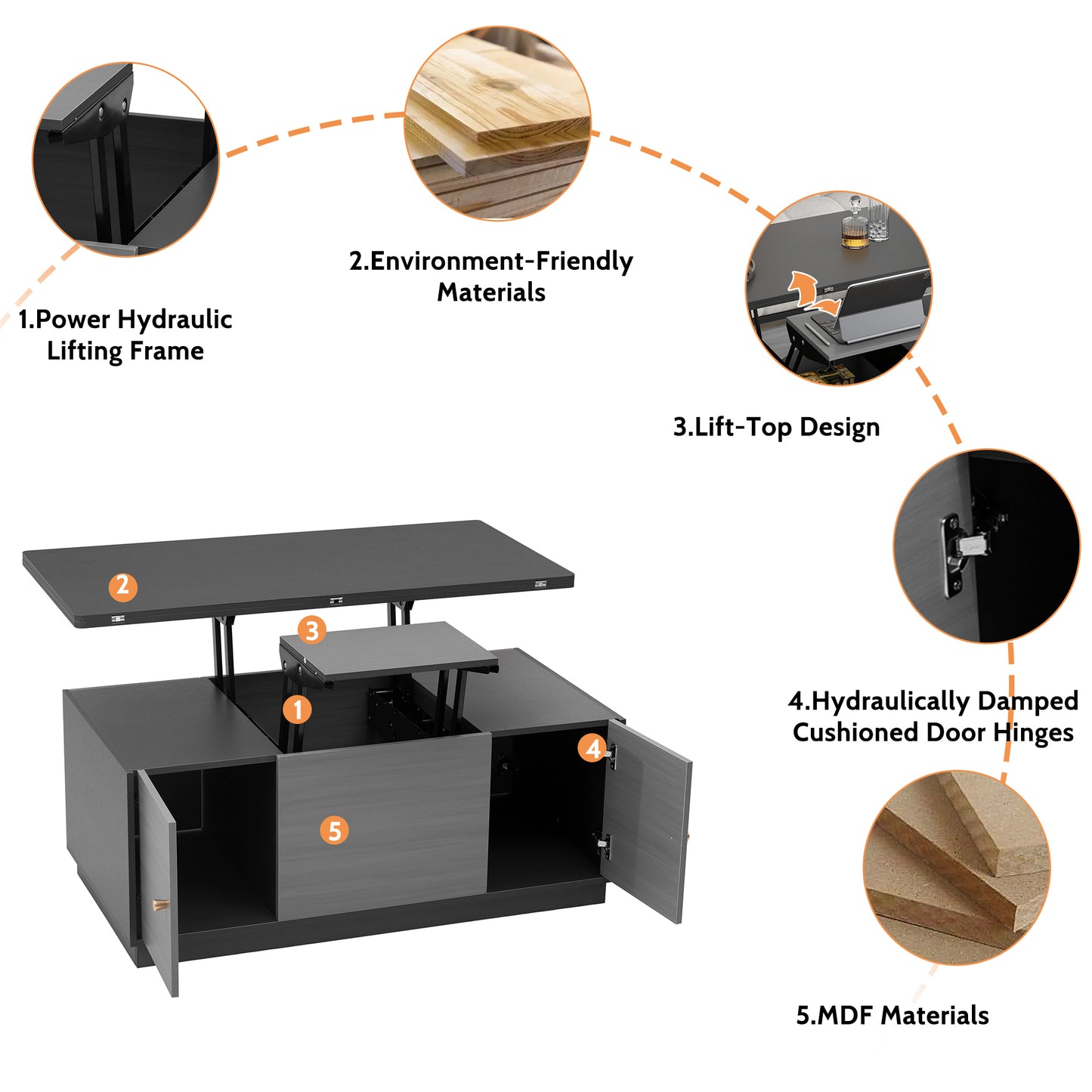 Extendable Lift-Top Coffee Table with Storage in Contemporary Gray