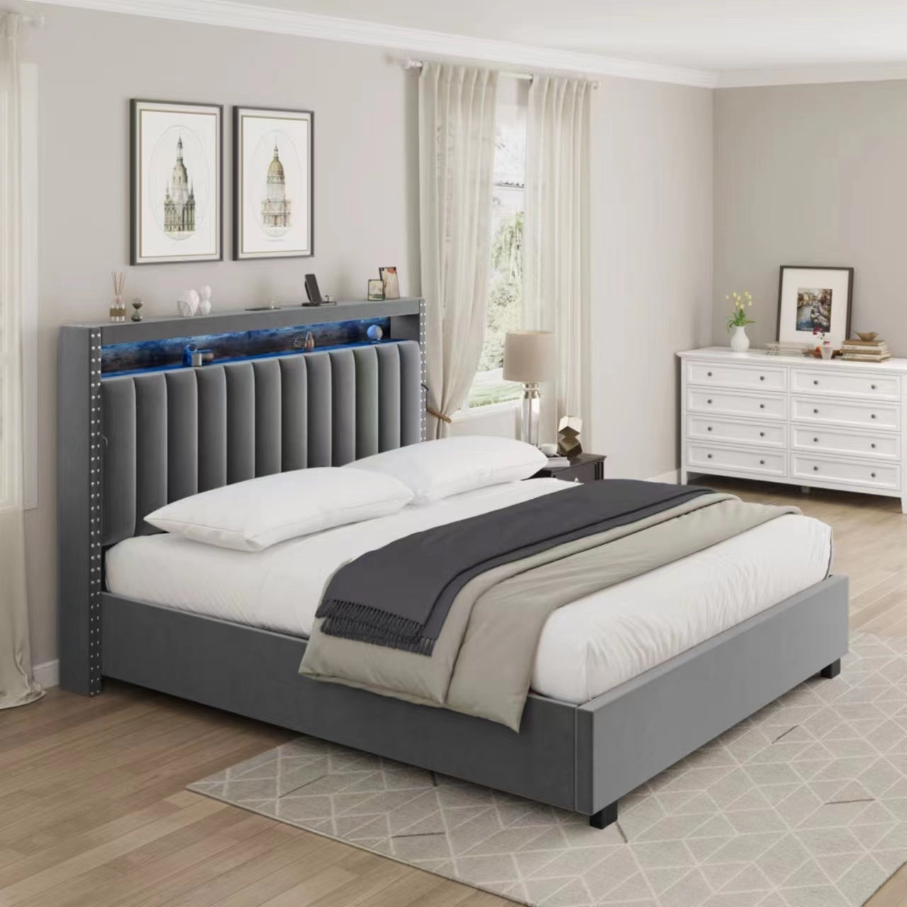 Luxury Gas Lift Storage Bed with RF LED Lights, Storage Headboard ,King Size ,Velvet Grey