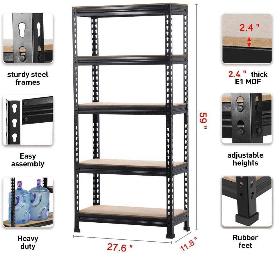 Storage Shelving Unit, 5-Tier Adjustable, Metal Organizer Utility Rack, 27.6"W x 11.8"D x 59" Black