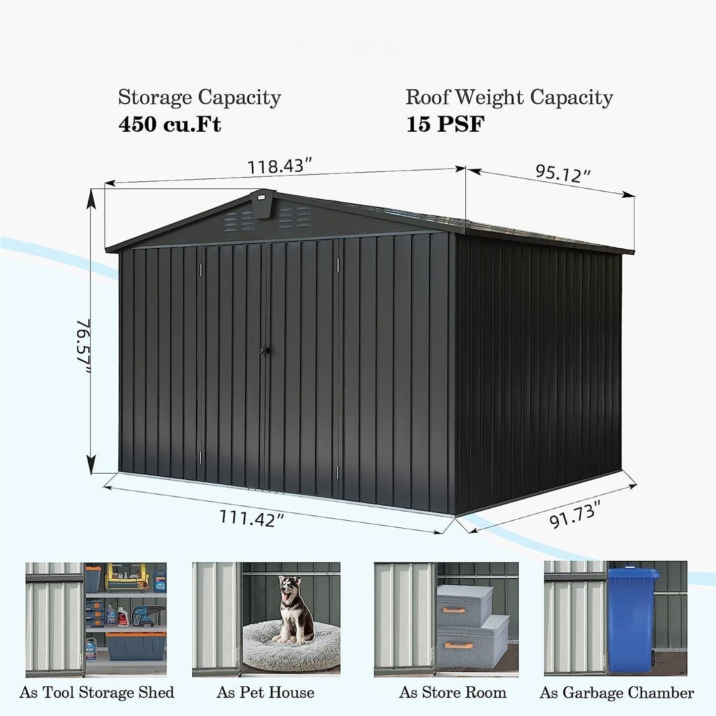 Outdoor Storage Shed 10'x 8', Metal Garden Shed for Bike, Trash Can, Tools, Galvanized Steel Outdoor Storage Cabinet with Lockable Door for Backyard, Patio, Lawn (10x8ft, Black)