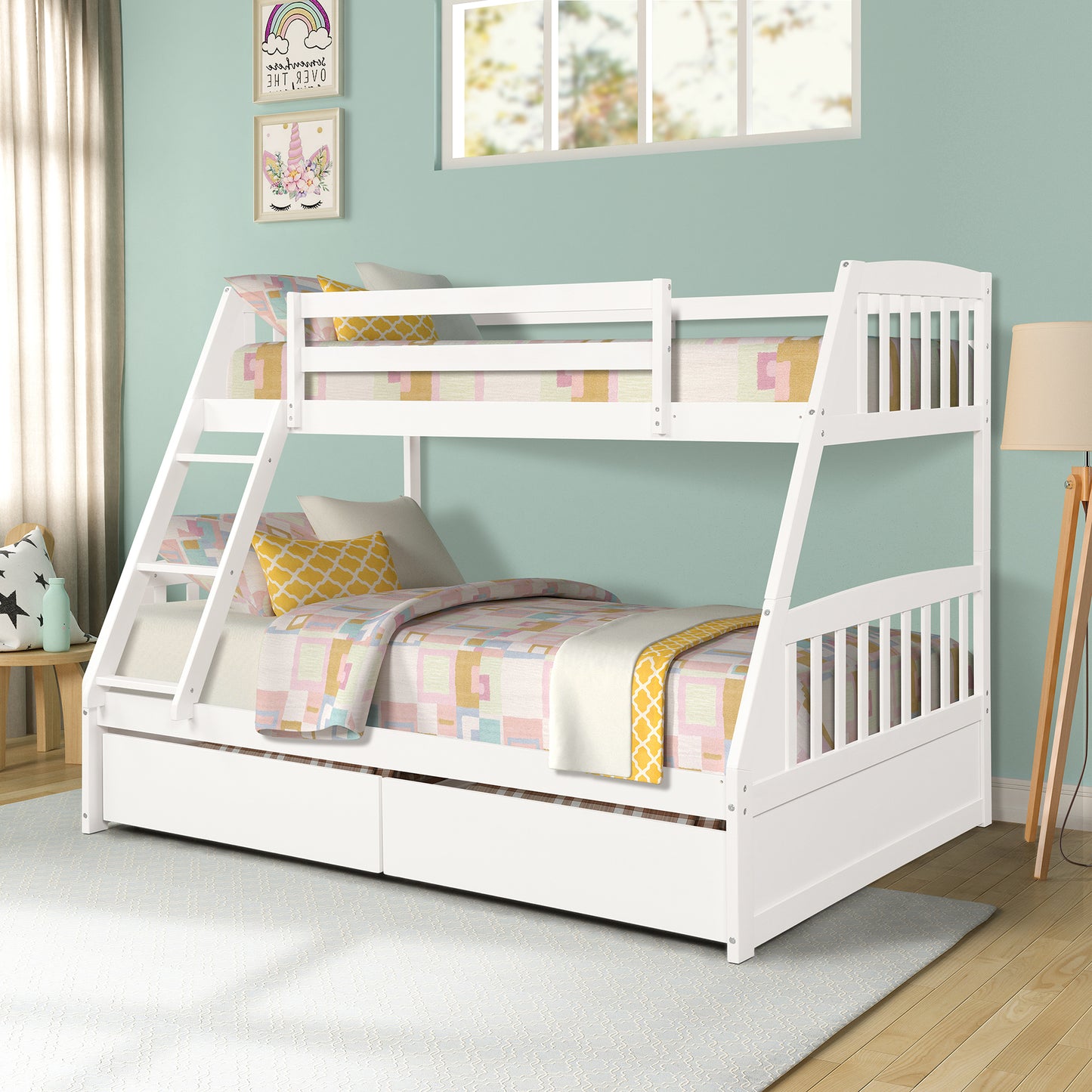 Solid Wood White Twin Over Full Bunk Bed with Two Storage Drawers