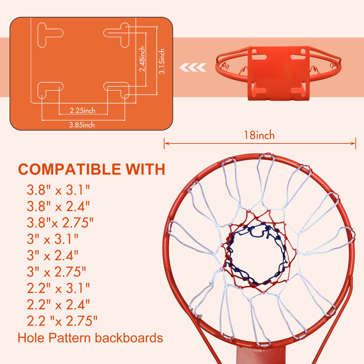 Basketball Rim Replacement 18" Steel Rim with Net, Easy to Install and Reliable Quality