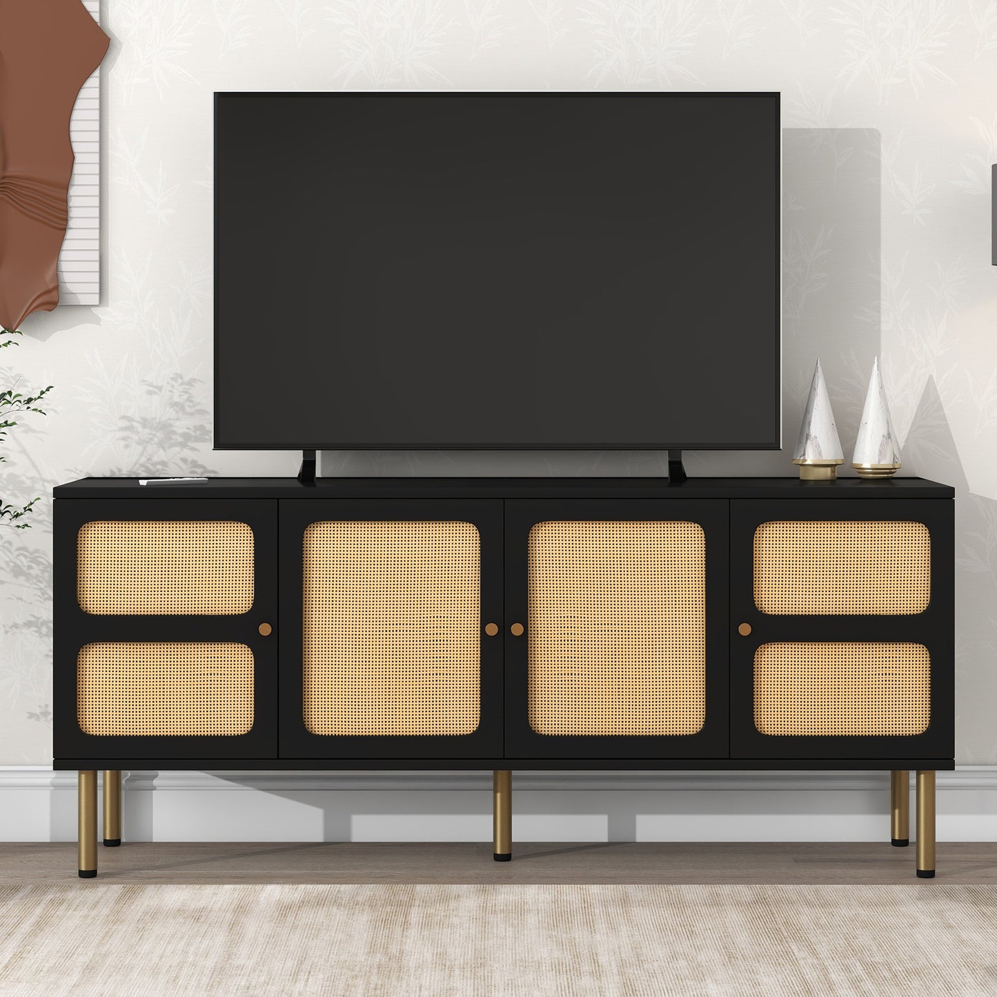 Elegant Country Style TV Stand with Rattan Door and Gold Metal Base