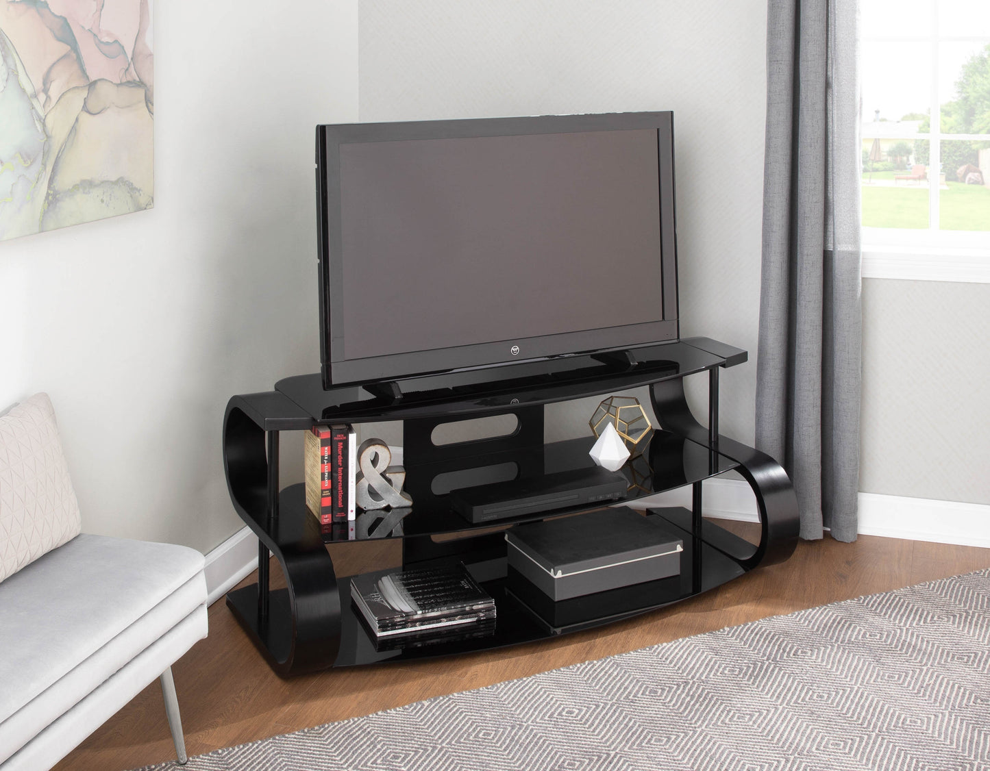 LumiSource Metro 120 TV Stand in Black Wood and Black Glass - Stylish and Contemporary