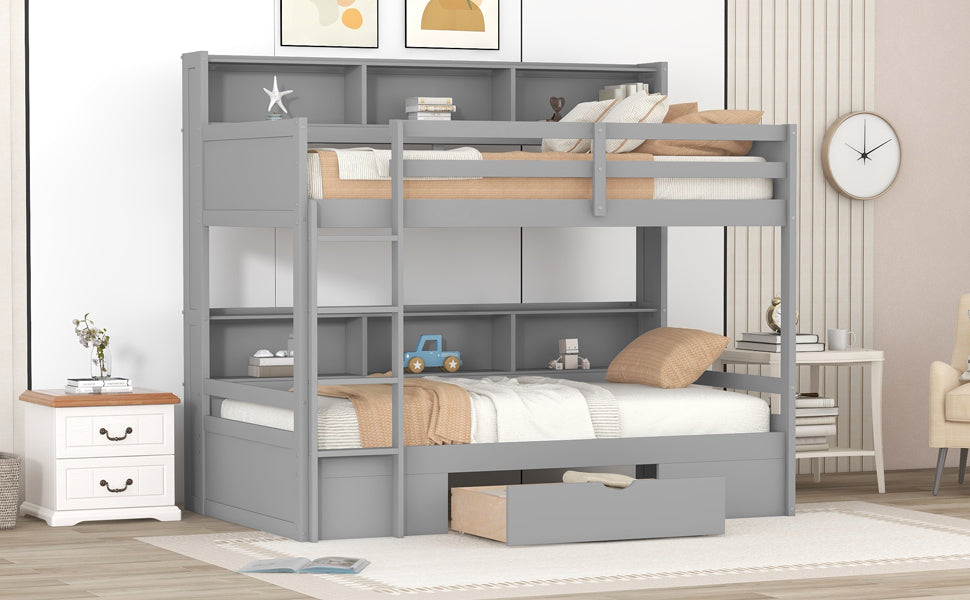 Twin Size Gray Bunk Bed with Storage Drawer and Built-in Shelves