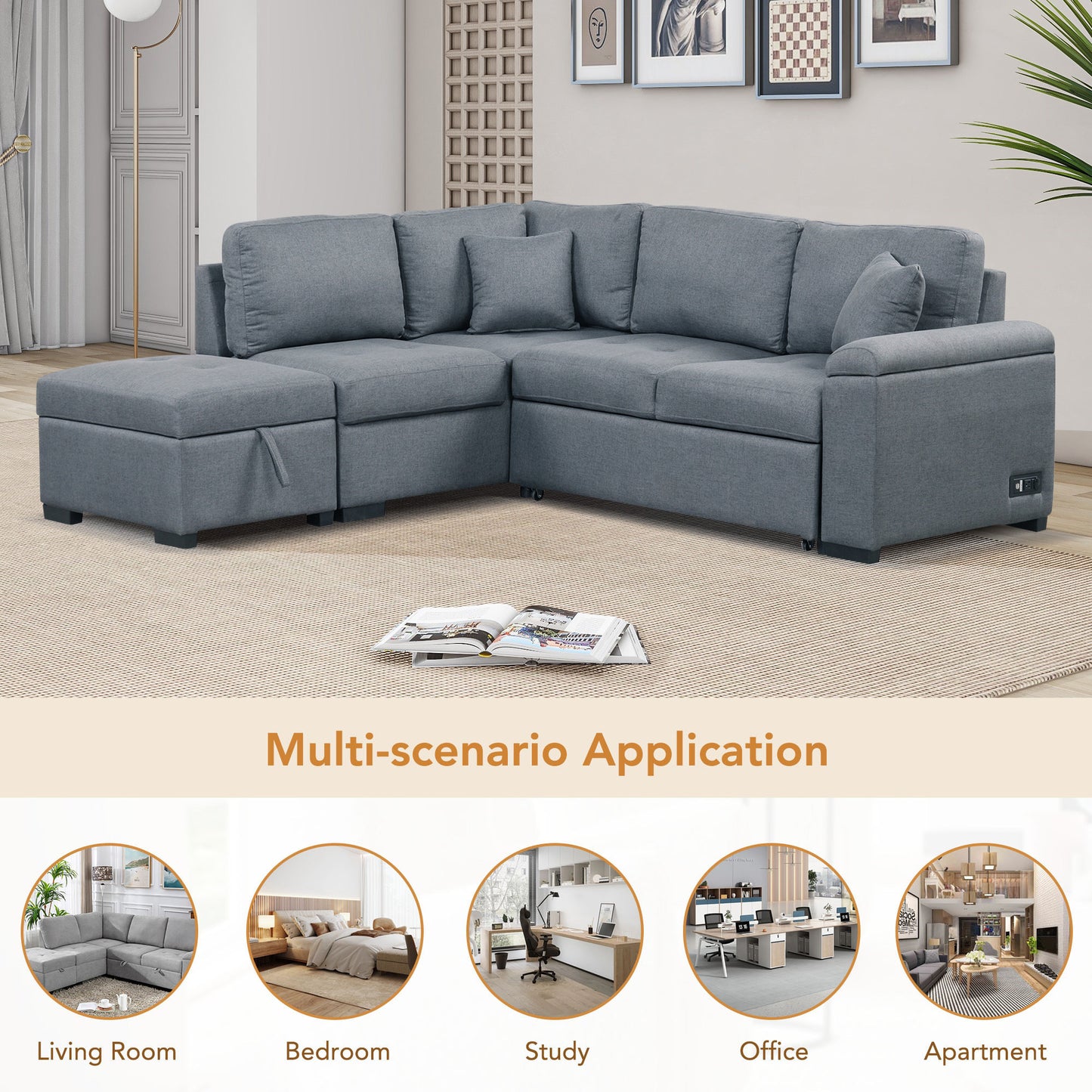 L-Shaped Sleeper Sectional Sofa with Ottoman and USB Charge, Dark Gray