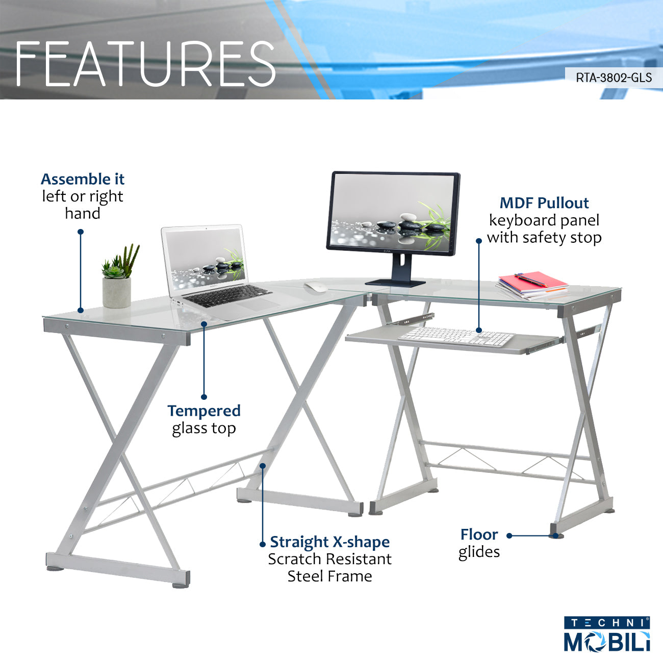 Stylish L-Shaped Tempered Glass Computer Desk with Keyboard Tray, Clear