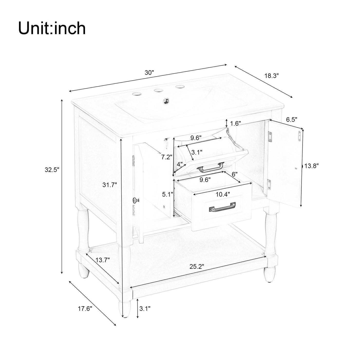 30" Bathroom Vanity with Sink Top, Bathroom Vanity Cabinet with Two Doors and Two Drawers, Solid Wood Frame, One Package, White