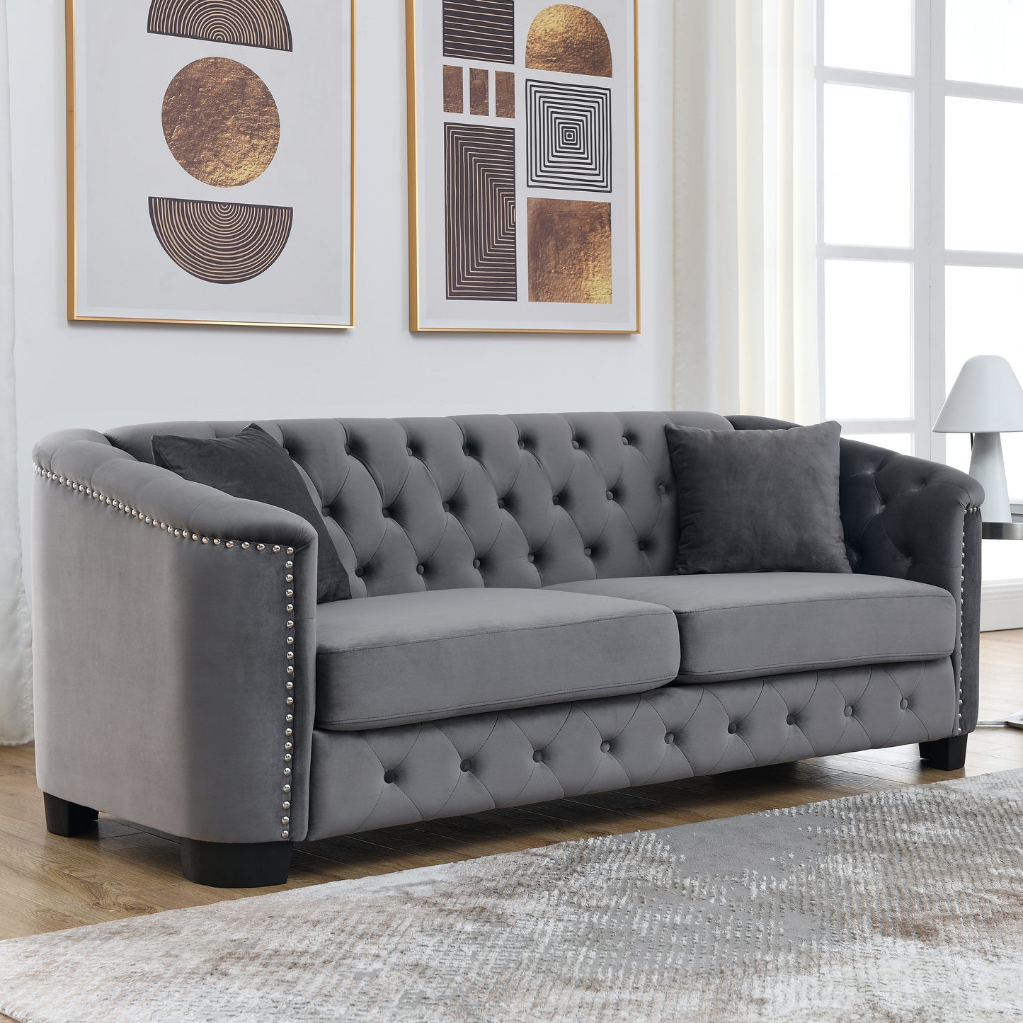 3-Seater Velvet Grey Sofa Set with Pillows