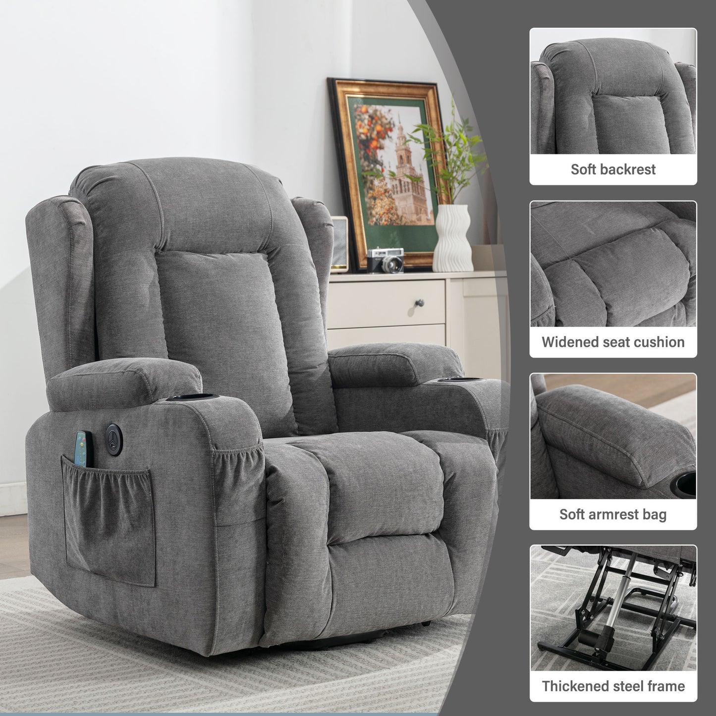 Elderly-Friendly Grey Power Lift Recliner Chair with Heat and Massage