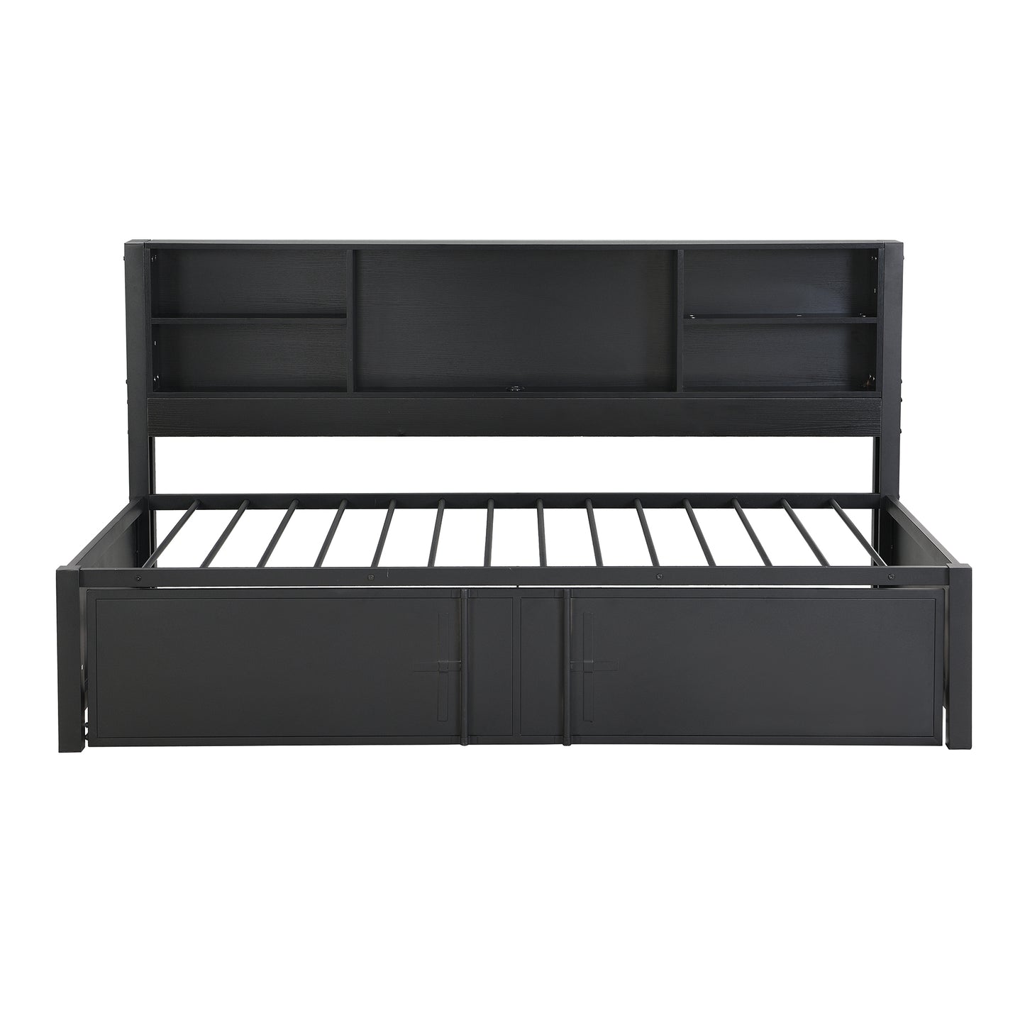 Metal Twin Size Daybed with Twin Size Trundle, Storage Shelves and USB Ports, Black