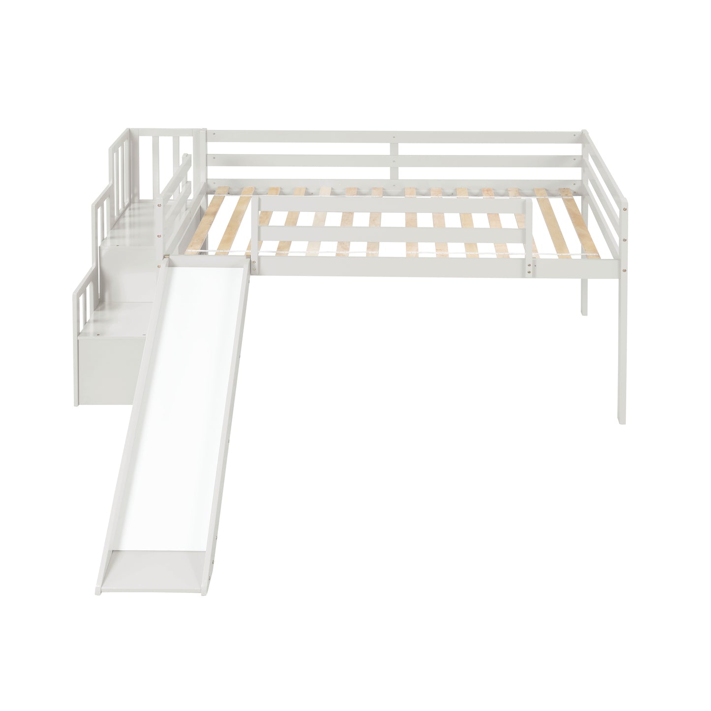 Loft Bed with Staircase, Storage, Slide, Twin size, Full-length Safety Guardrails, No Box Spring Needed, White