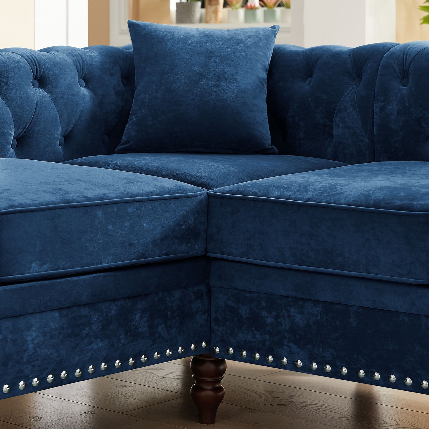 Luxurious Blue Velvet L-shaped Chesterfield Sofa with Deep Button Tufting