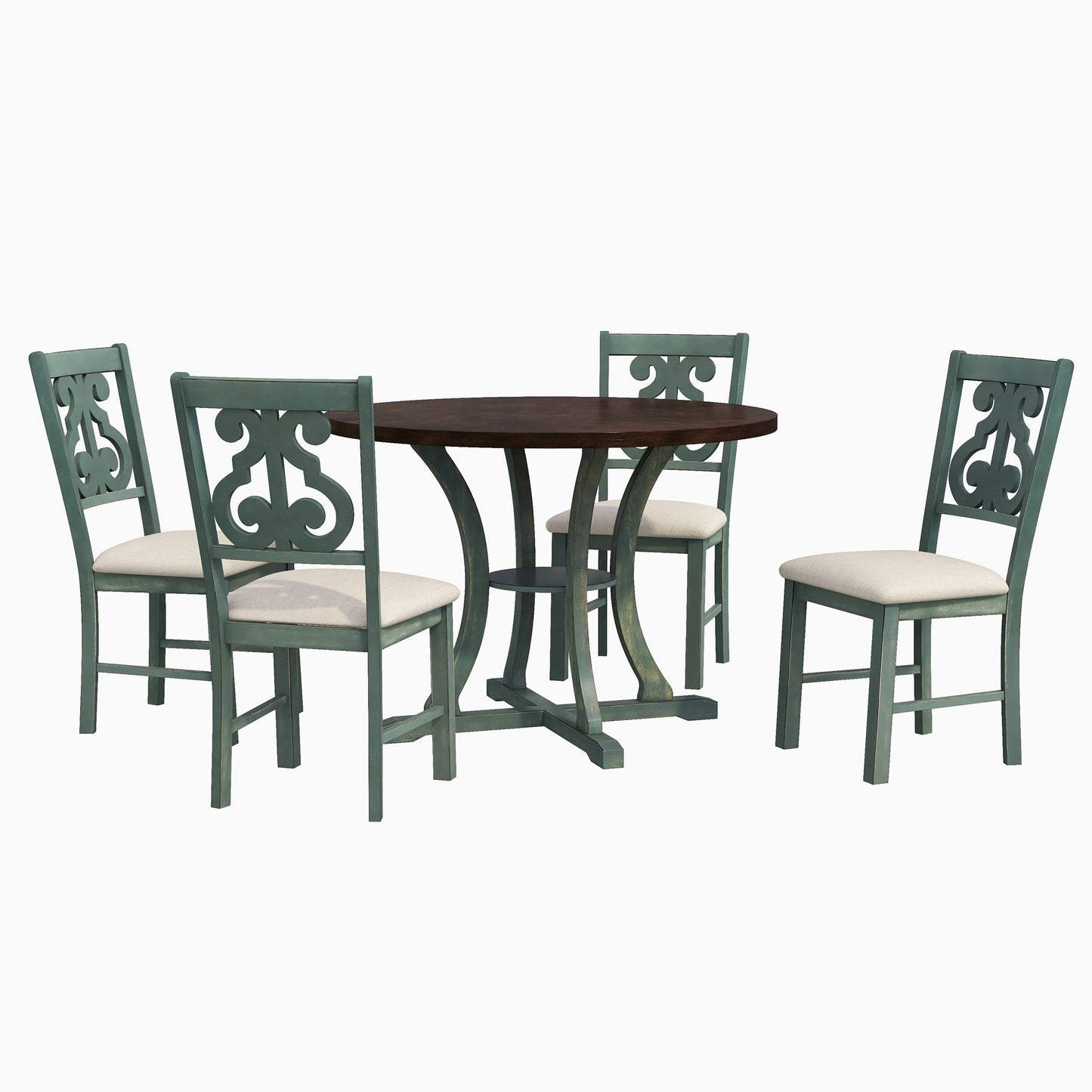 TREXM 5-Piece Round Dining Table and 4 Fabric Chairs with Special-shaped Table Legs and Storage Shelf (Antique Blue/ Dark Brown)