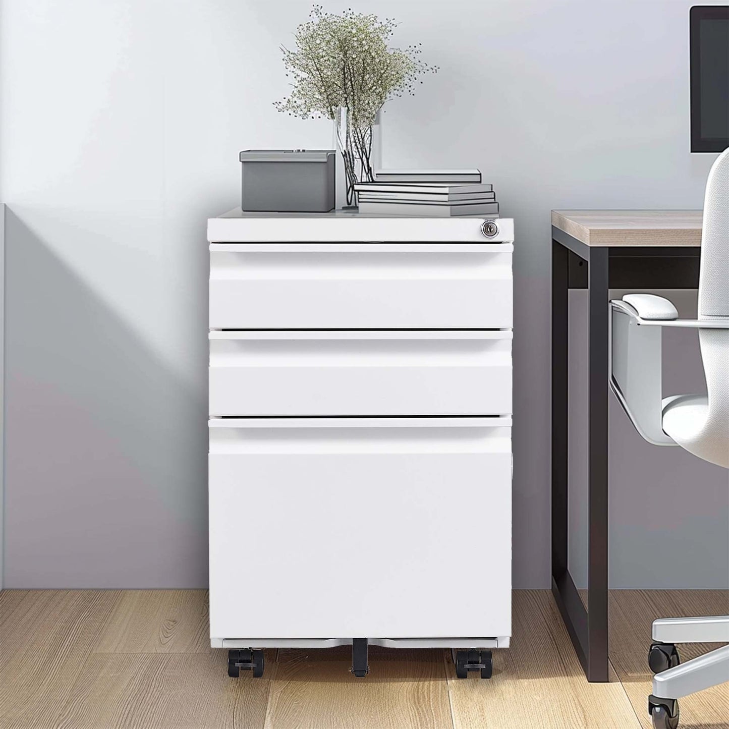 3 Drawer Mobile File Cabinet with Lock and Wheels, White Metal Filing Cabinet for Home Office