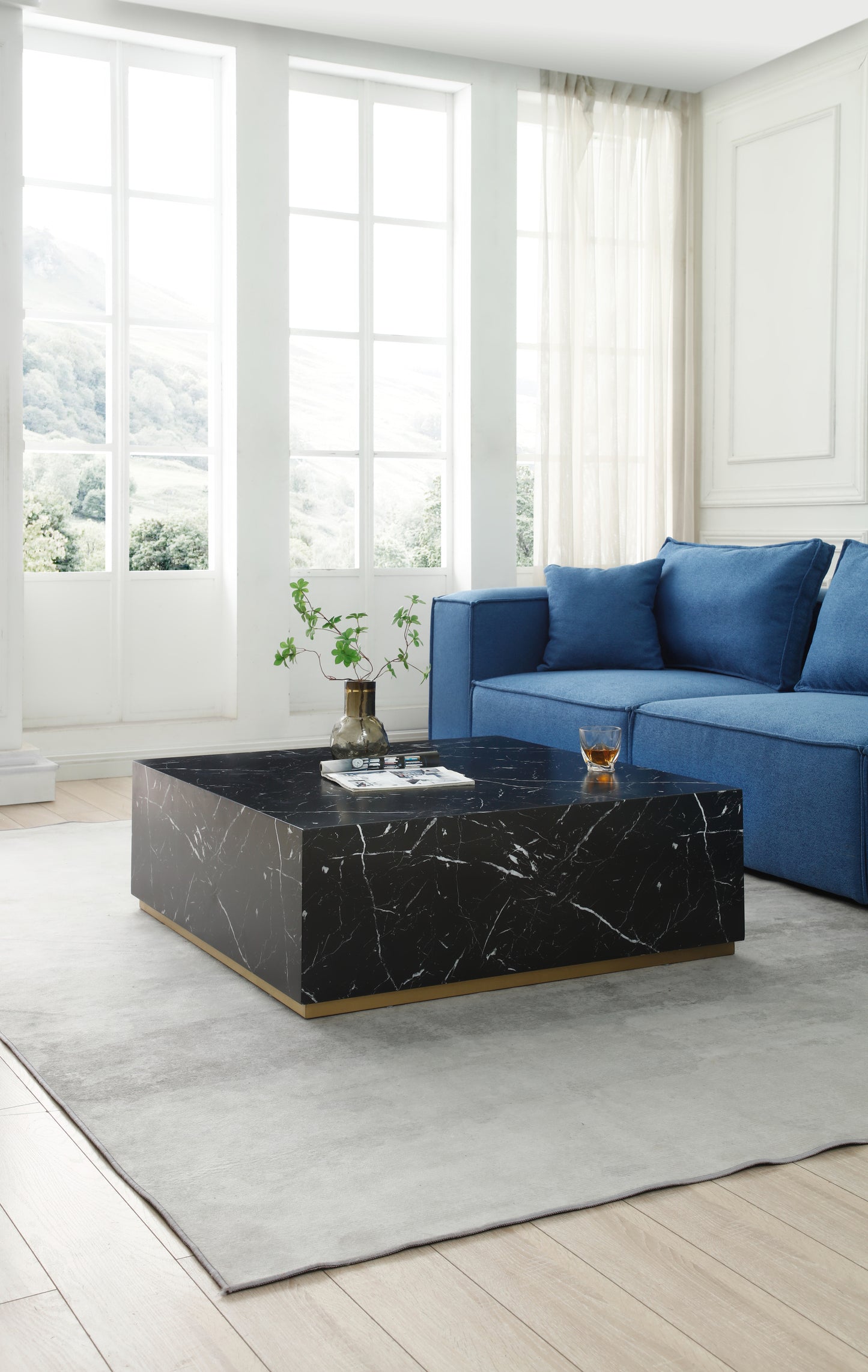 Elegant Black Marble Coffee Table with Gold Base Square Design 39.37W x 13.78H