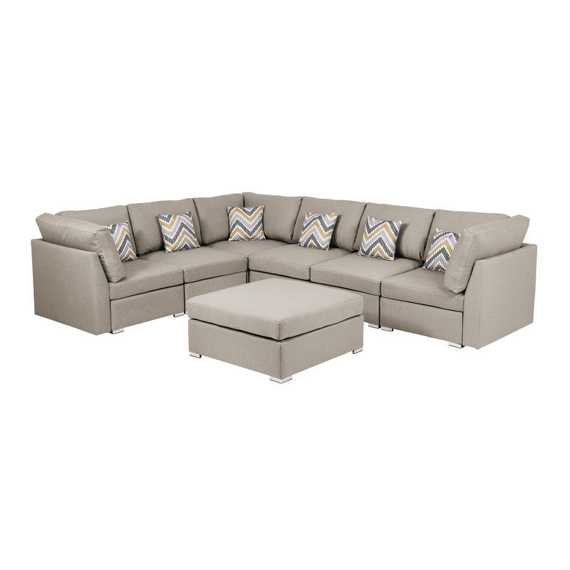 Amira Beige Fabric Modular Sectional Sofa Set with Ottoman and Pillows