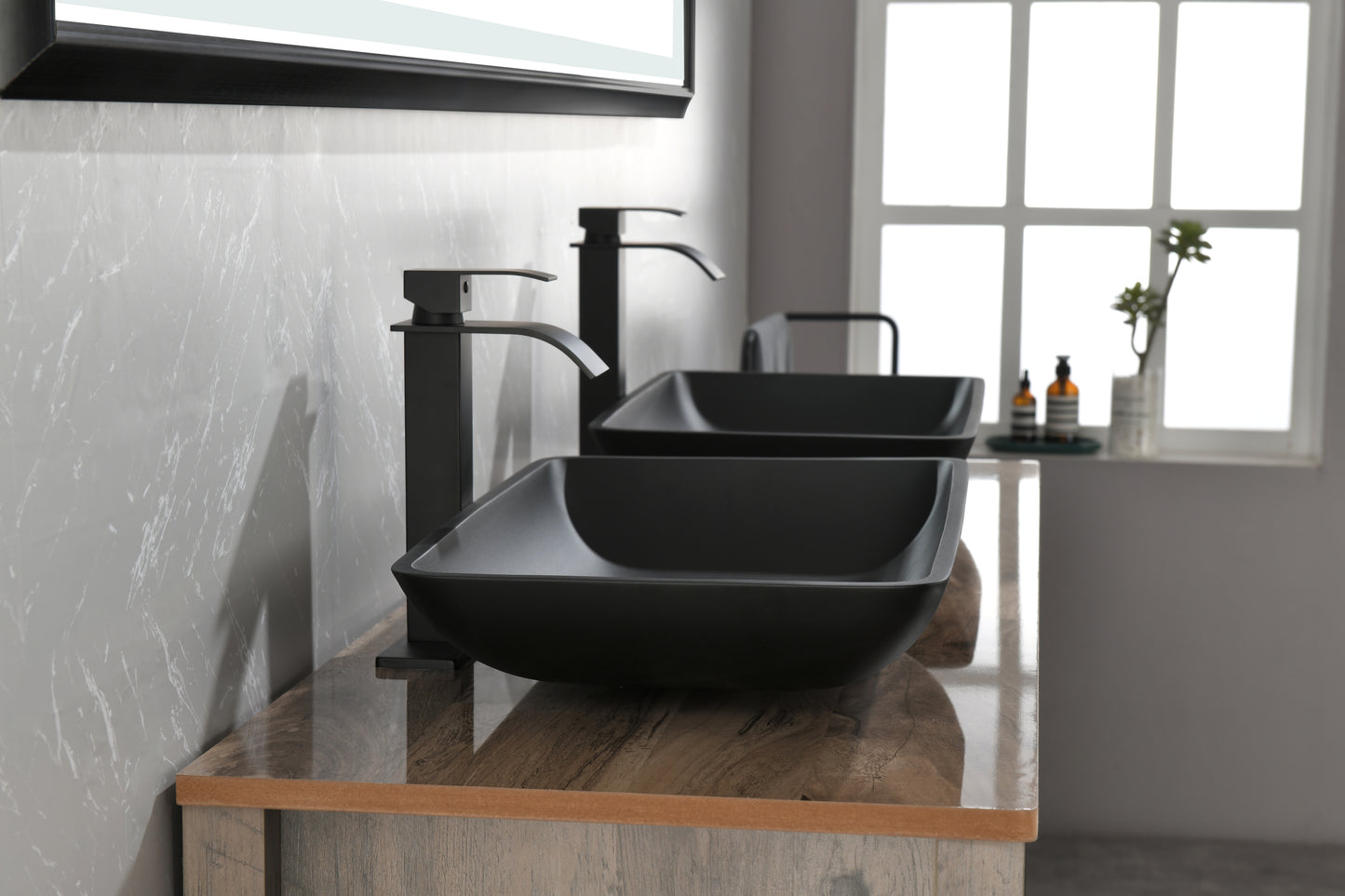 Black Matte Glass Rectangular Vessel Bathroom Sink Set with Faucet and Pop-Up Drain