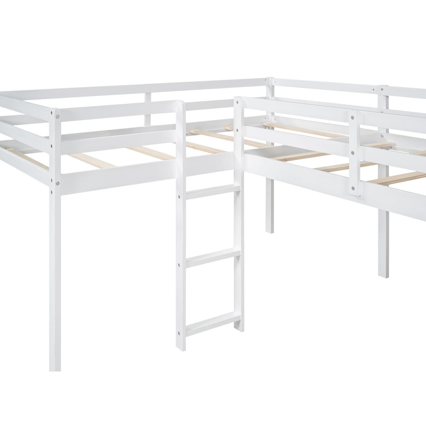 L-Shaped Twin Size Loft Bed with Ladder and Slide, White