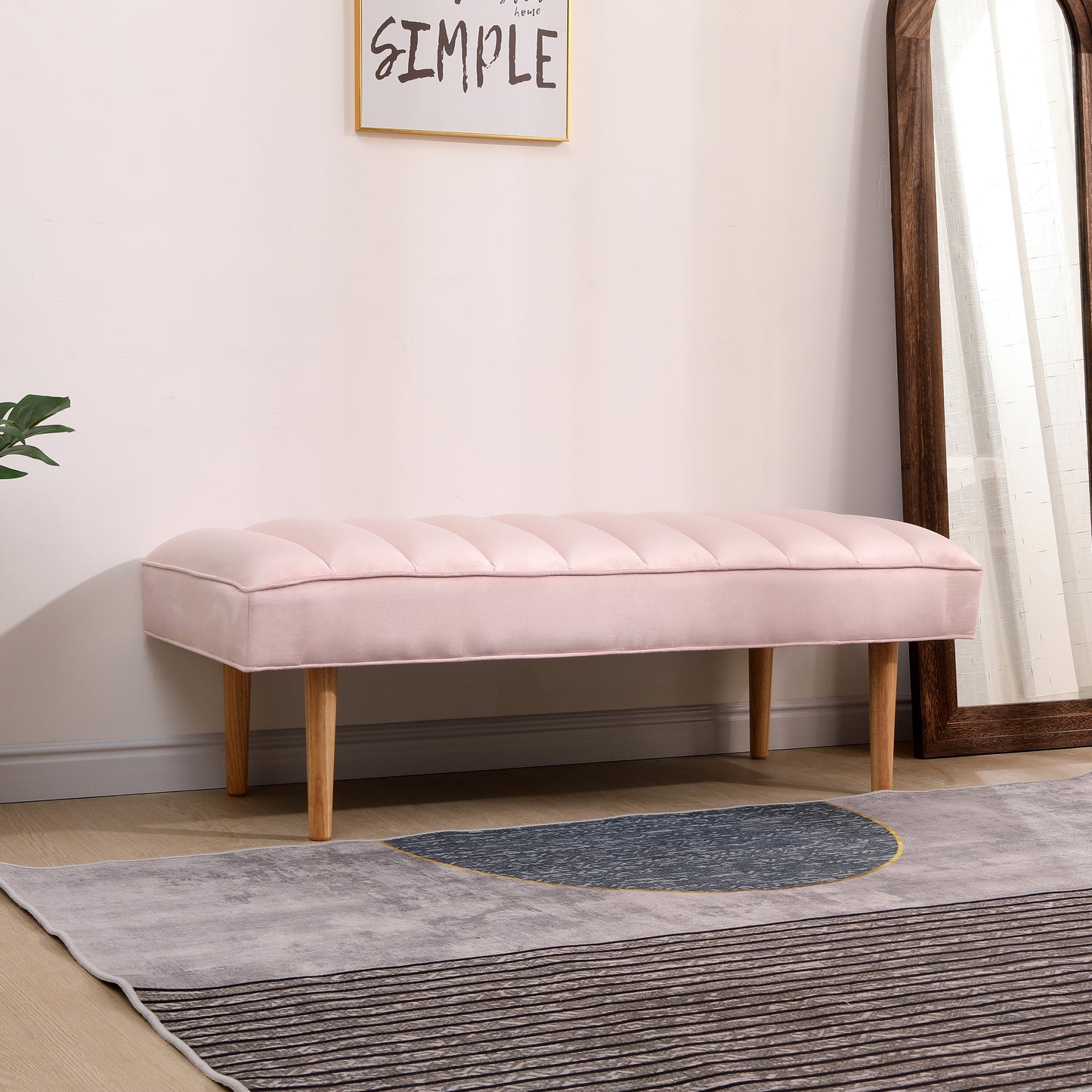 Pink Velvet Upholstered Bench Channel Tufted Bedroom Ottoman with Wood Legs Home Furniture (Pink)