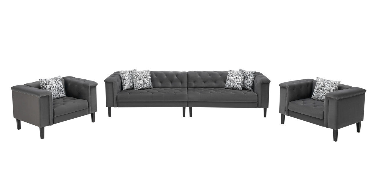 Mary Dark Gray Velvet Tufted Sofa 2 Chairs Living Room Set With 6 Accent Pillows