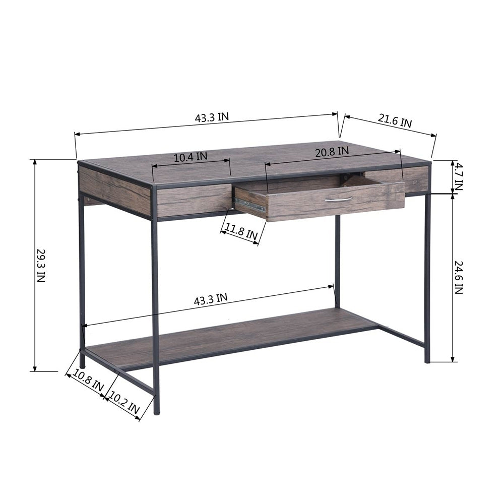 43.3 Rustic Writing Desk with Drawer, Walnut & Black