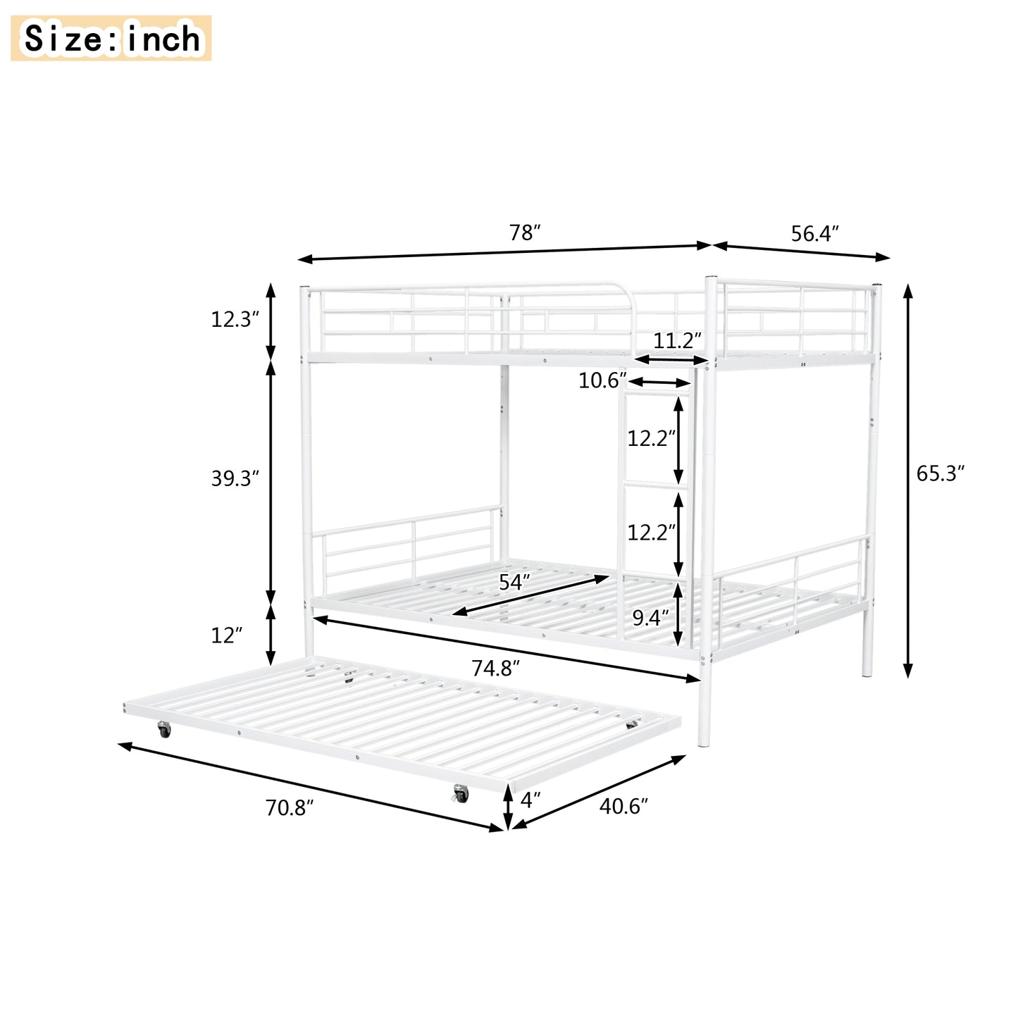 Contemporary White Full Metal Bunk Bed with Trundle