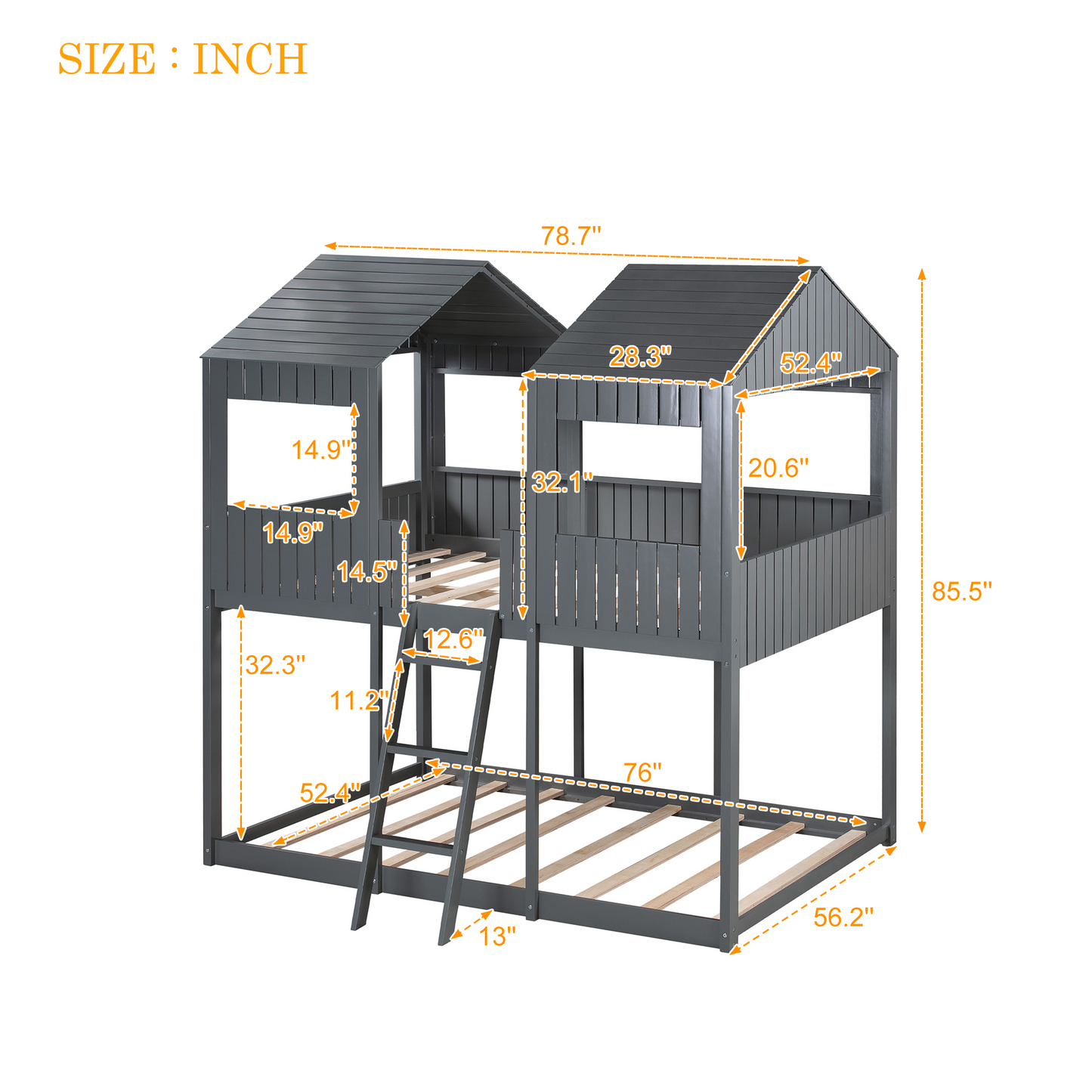 Wooden Playhouse-Styled Full Over Full Bunk Bed with Gray Roof and Window