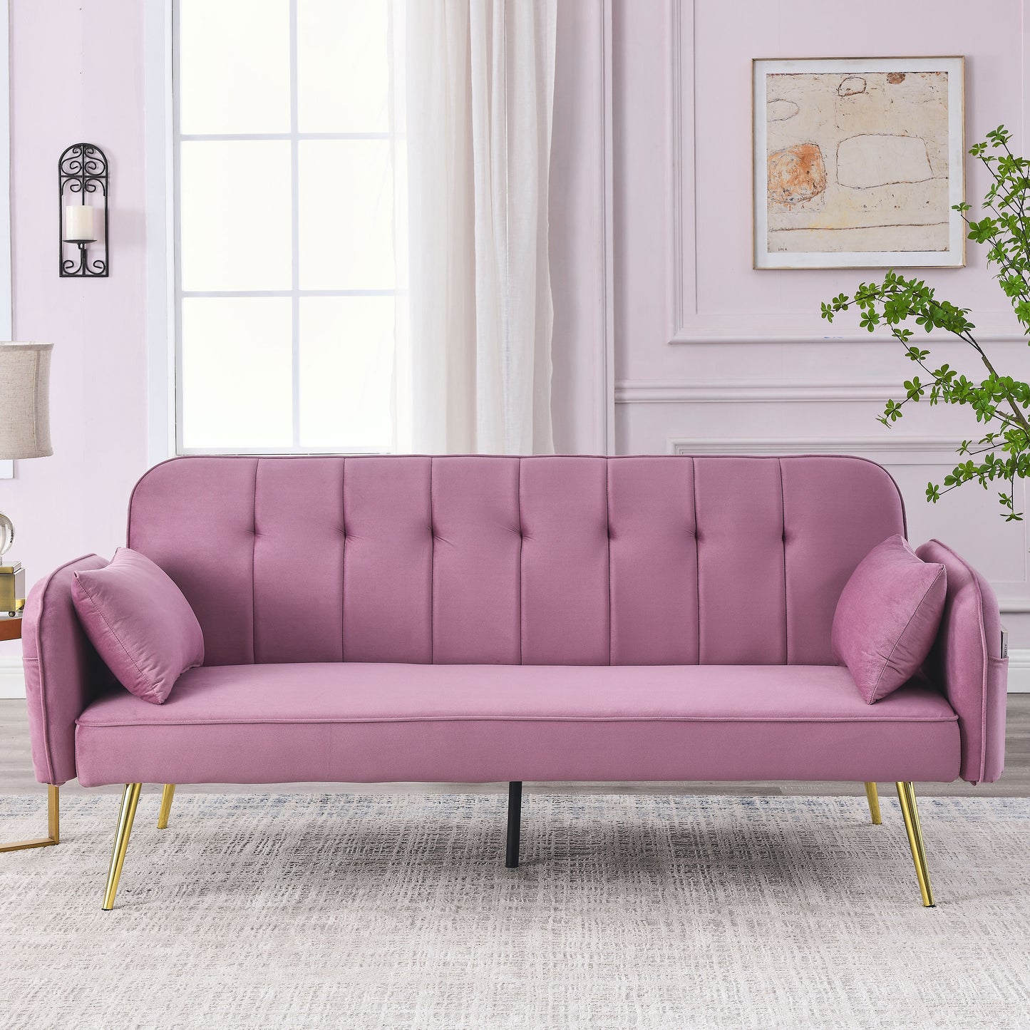 72.5 Pink Velvet Convertible Sofa Bed with Adjustable Backrest and Metal Legs