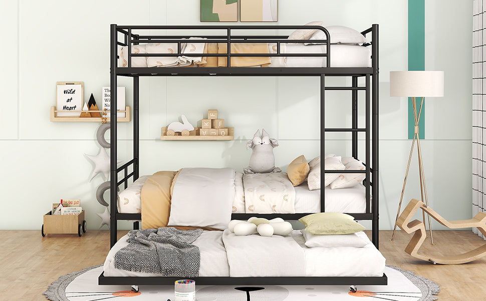 Stylish Contemporary Metal Bunk Bed with Trundle - Sleek Black Design