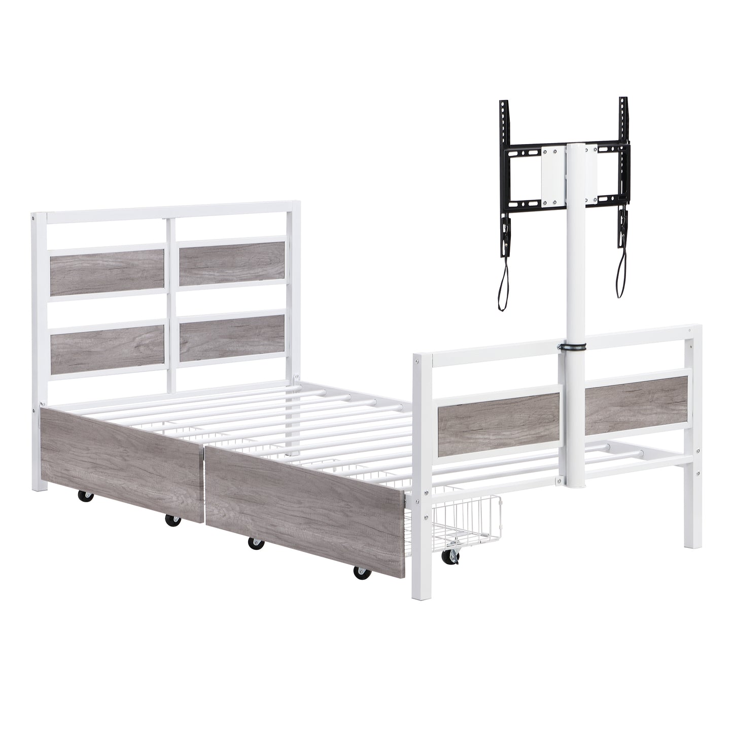 Metal Platform Bed with Rotating TV Stand, Storage Drawers, and MDF Headboard, Twin Size, White