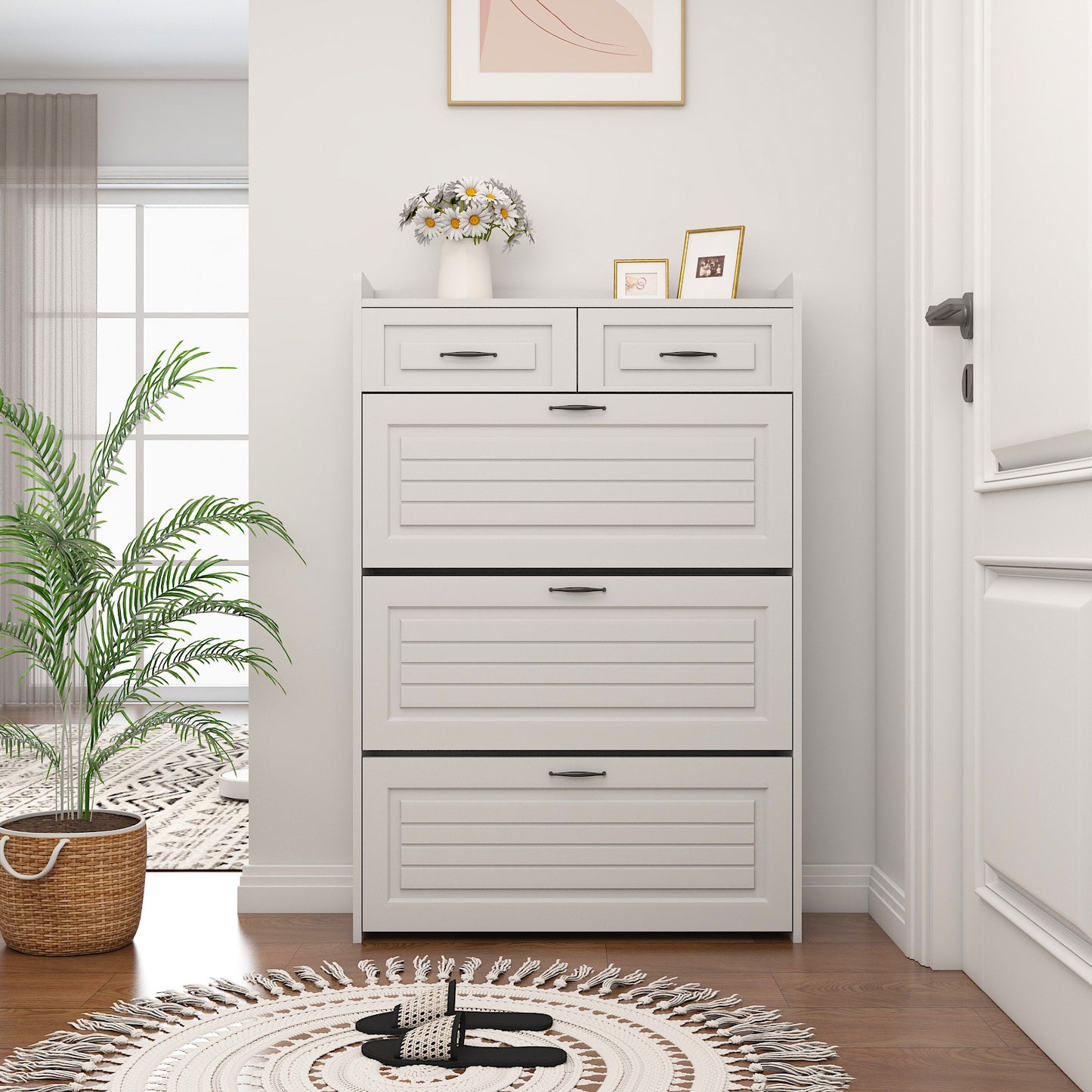 White color shoe cabinet  with 3 doors 2 drawers,PVC door with shape ,large space for storage