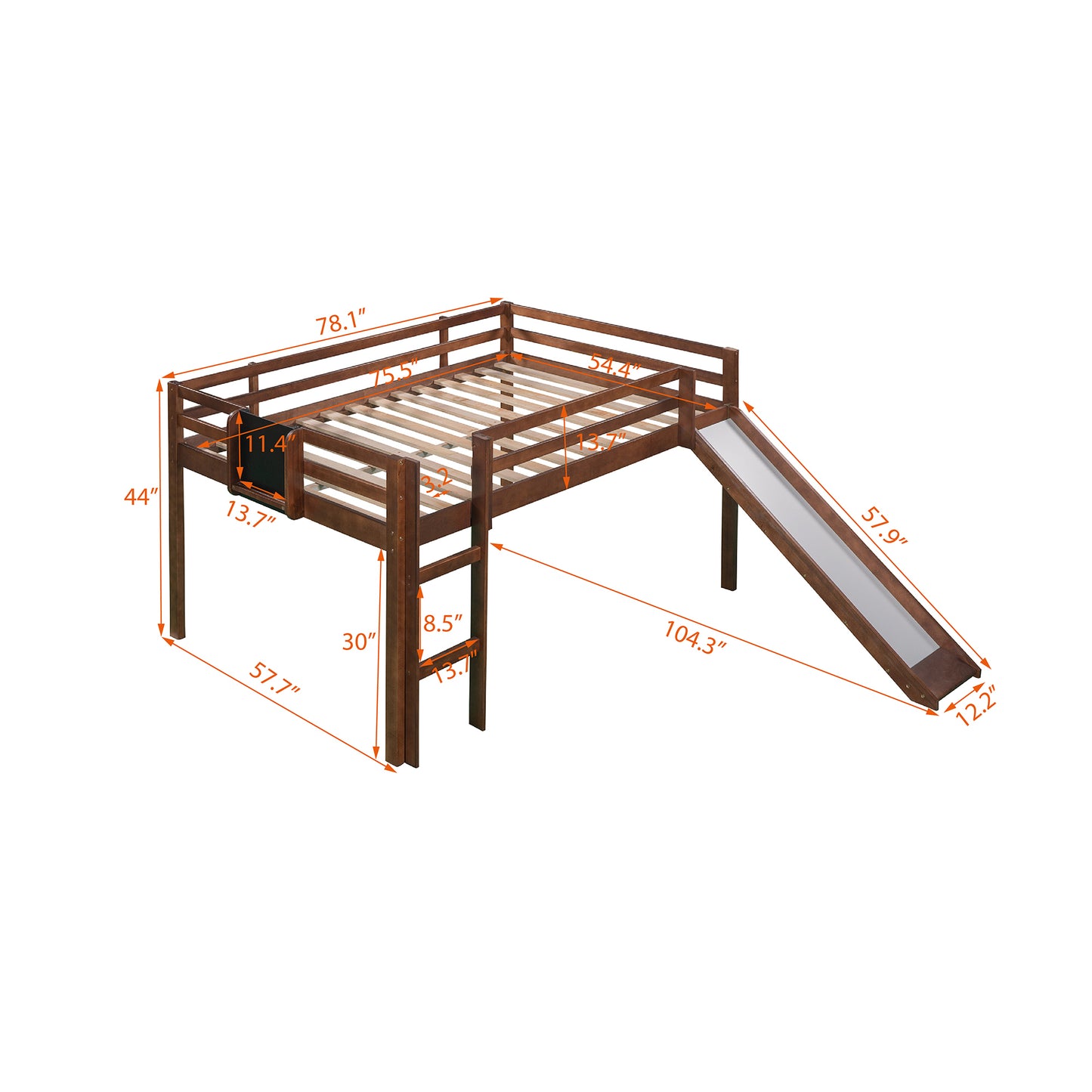 Full size Loft Bed Wood Bed with Slide, Stair and Chalkboard,Walnut