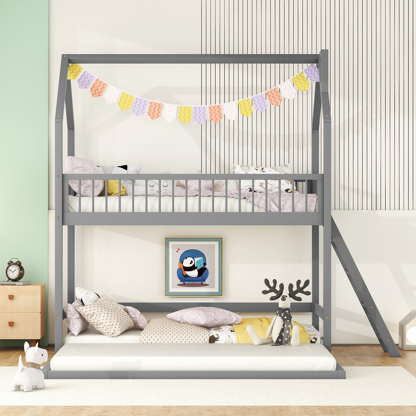 House-Shaped Twin Bunk Bed with Trundle, Ladder, and Artistic Design