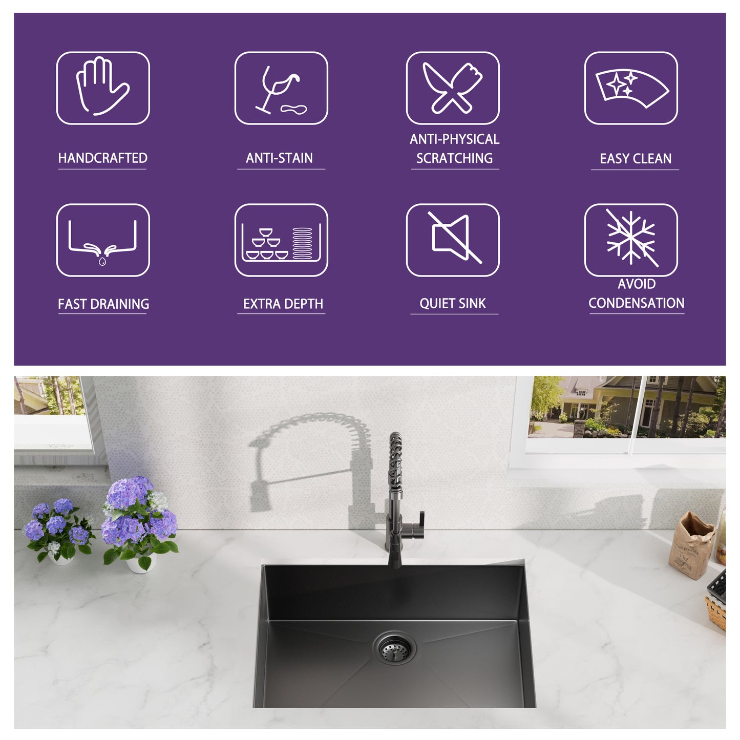 Gunmetal Black Stainless Steel Kitchen Sink Set with Spring Neck Faucet - 27 inches